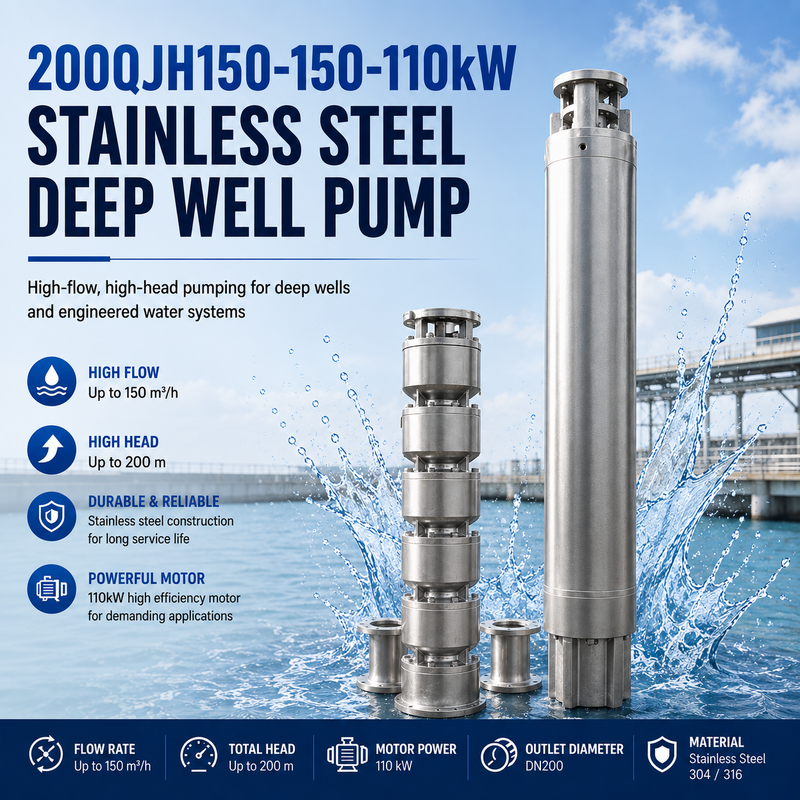 200QJH150-150-110kW Pompa Sumur Dalam Stainless Steel Aliran Tinggi, pemompaan head tinggi untuk sumur dalam dan sistem air rekayasa